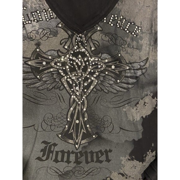 Vintage Y2K Gothic Fairy Grunge Cross Wings Graphic Bling Top Size XL Black Rib - Picture 8 of 11